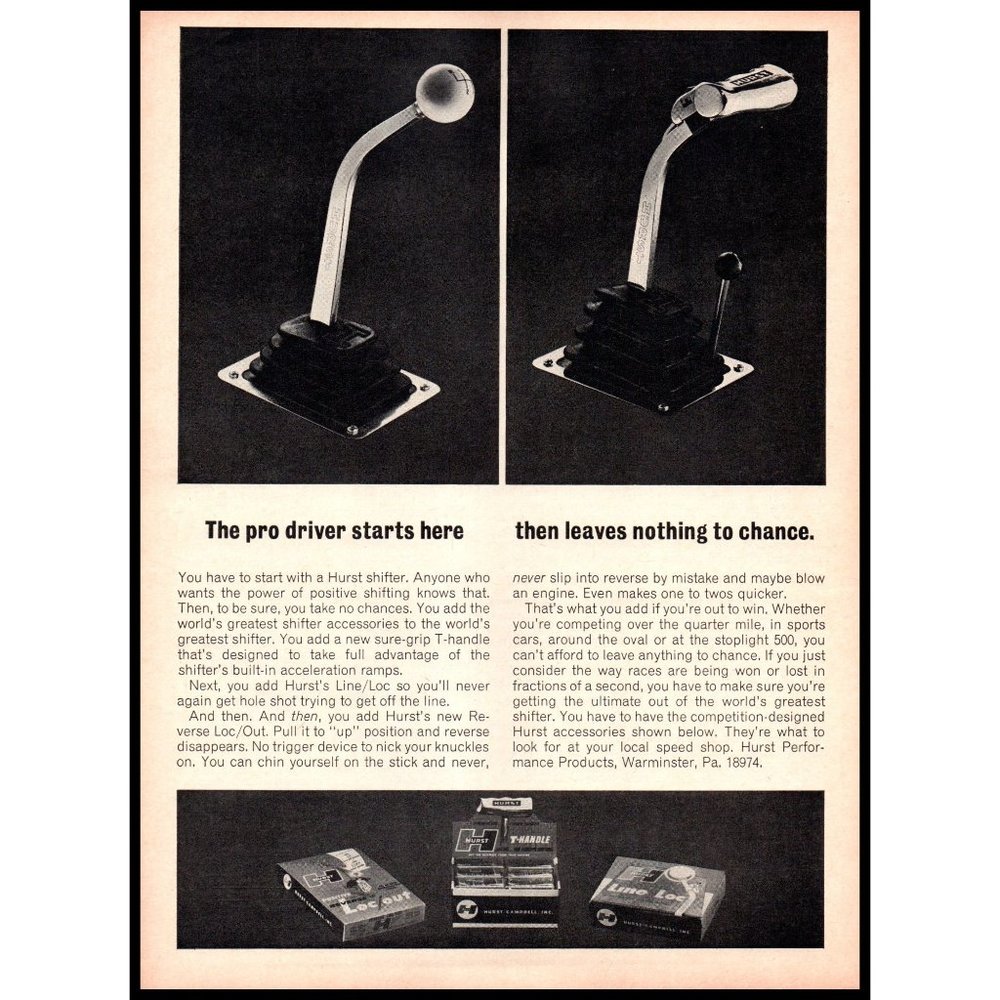 1967 Hurst T Grip Handle Shifter Vintage Print Ad Classic Car Wall Art Photo